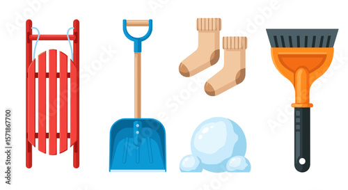 A collection of winter items including a sled, shovel, socks, snow brush, and snowballs laid out