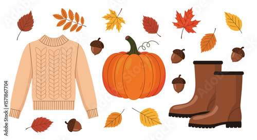 Illustration of autumn themed items including a sweater pumpkin leaves acorns and boots on white
