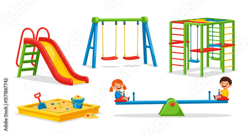 Illustration of a playground set with a slide, swings, monkey bars, seesaw, and sandbox toy