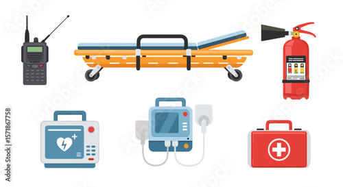 Illustration of emergency medical equipment including a stretcher, defibrillator and more items