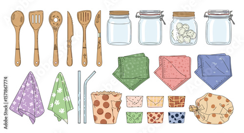 Illustration of reusable kitchen items including wooden utensils jars cloths and reusable bags arranged neatly