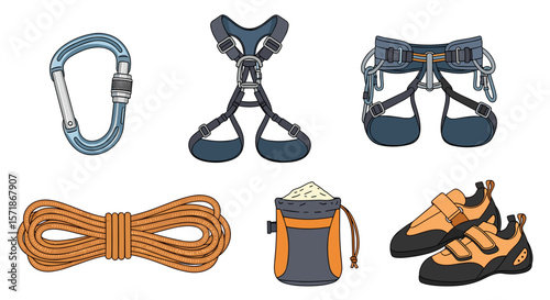 Illustration of climbing equipment including carabiner harnesses rope chalk bag and climbing shoes