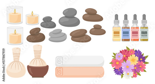 Illustration of spa and wellness elements including candles stones oils towels and flowers