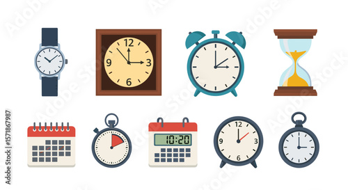 Illustration showing a collection of timekeeping devices including watches clocks and calendars etcetera
