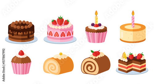 Illustration of eight assorted cakes including layer cakes cupcakes and swiss rolls on white