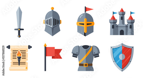 Illustration of medieval knight equipment including sword, helmet, castle, and armor set