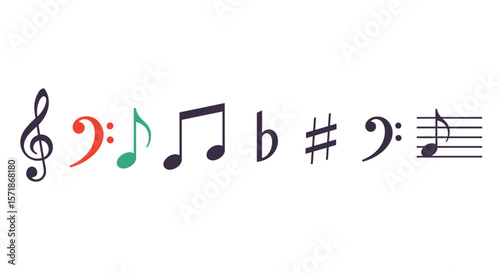 A collection of musical symbols including clef, bass clef, notes, flat and sharp signs shown here