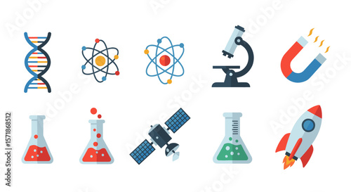 Illustration featuring scientific elements like dna, atoms, microscope, magnet, flasks and rocket