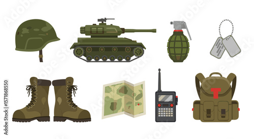 Illustration of military equipment including helmet tank grenade dog tags boots map radio backpack