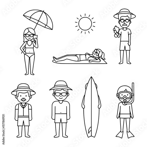 The image is a vector illustration depicting various people and objects related to summer and beach activities.