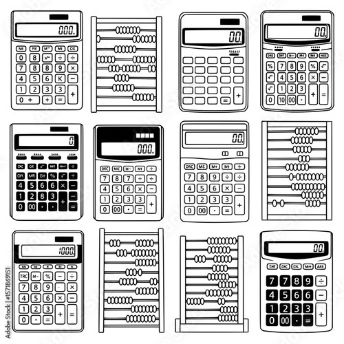 The image is a vector illustration showing a grid of various calculators and abacuses, depicted in outline style.