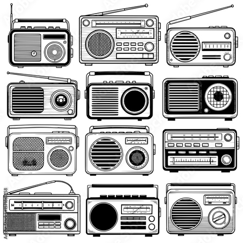 The image is a vector illustration showcasing a grid of various vintage and retro radio receivers.