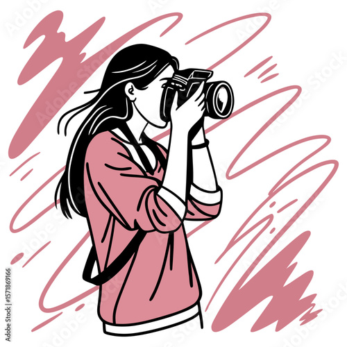 Female Photographer Taking Picture Vector Illustration Camera Lover Woman Hobby Art Design for Poster Blog T Shirt Sticker Logo Print