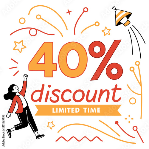 Forty Percent Discount Banner Vector Illustration Limited Time Offer Sale Poster Design for Shop Promotion Marketing Advertisement Social Media