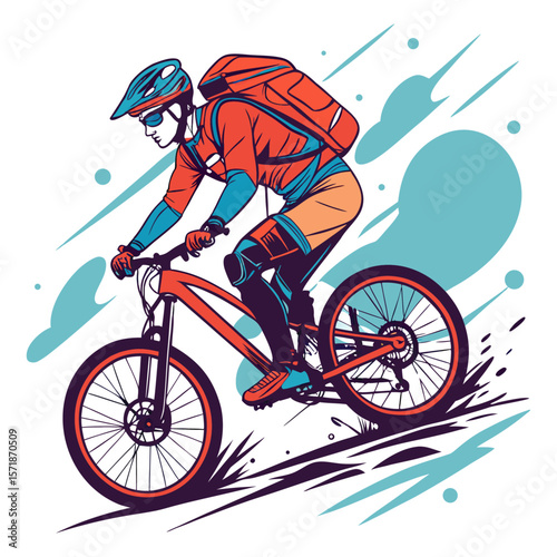 Mountain Biker Riding Downhill in Action Pose Colorful Vector Illustration for Adventure Sports Poster Outdoor Activity or Cycling Promotion