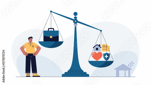 employee balancing work and life on a large scale, vector illustration for compensation and benefits, work-life balance and employee value proposition