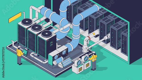 engineers maintaining cooling infrastructure in a data center, isometric vector illustration for hvac systems, server room maintenance and it hardware management