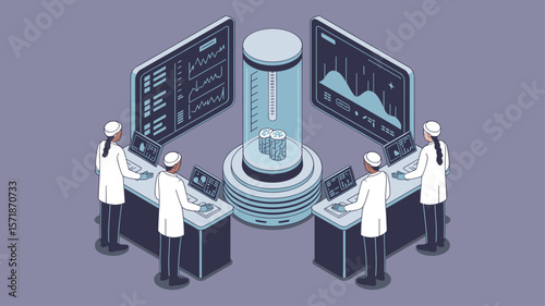 scientists monitoring a cryogenic chamber in a futuristic lab, isometric vector illustration for cryobiology, cellular preservation and genetic biobanking