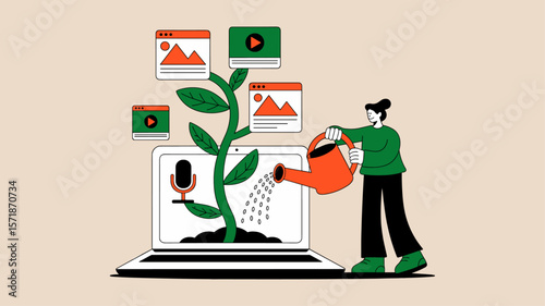 content creator watering a plant growing from a laptop, vector illustration for content marketing, digital growth strategy and value creation