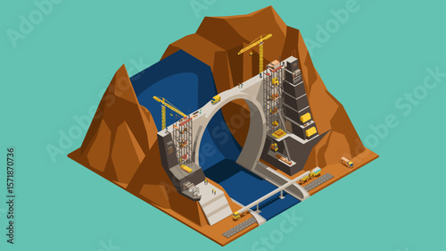 arch dam under construction in a river canyon, isometric vector illustration for hydroelectric power, civil engineering and renewable energy infrastructure