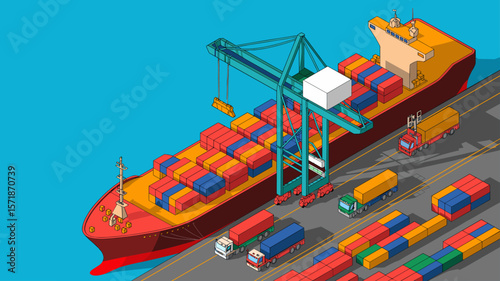 crane loading container ship at a port terminal, isometric vector illustration for global logistics, freight shipping and supply chain management