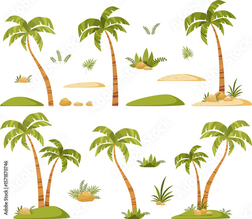 Set of palm trees. Tropical plants, decoration for summer, beach. Hand drawn simple vector illustration.
