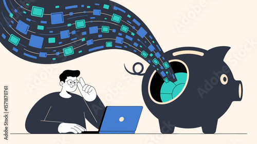 analyst with laptop saving digital data in a piggy bank, vector illustration for data monetization, big data economy and digital asset management