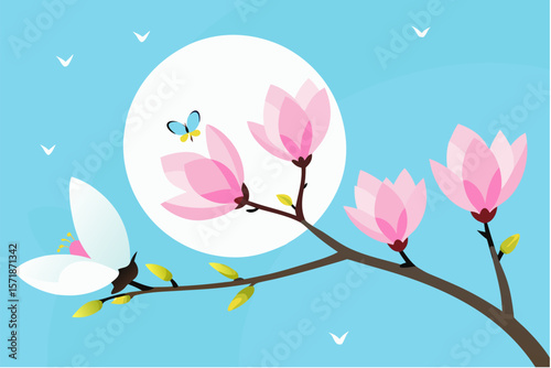 Pink floral blossoms adorn a beautiful spring tree, illustrating the beauty of nature