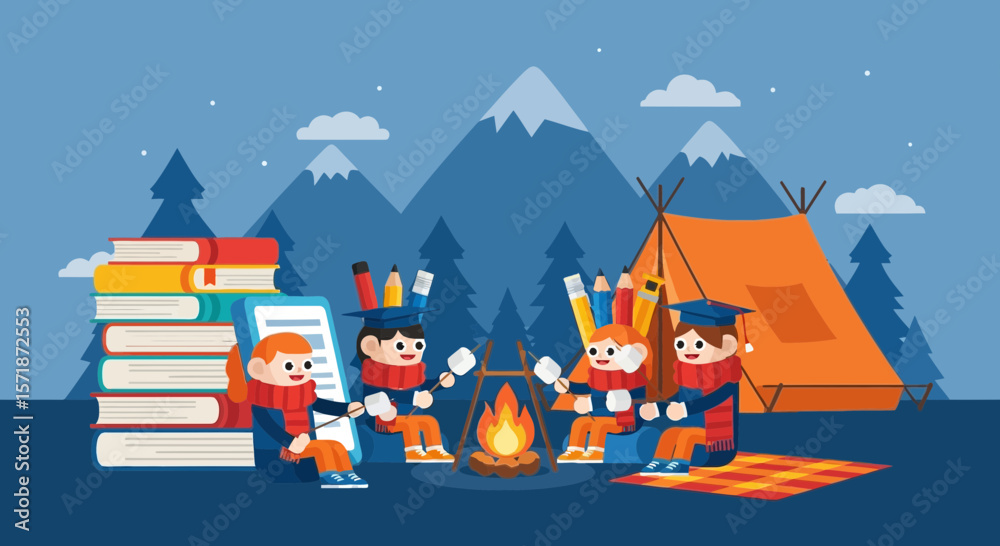 Naklejka premium Creative Learning Adventure Students Celebrating Graduation Around Bonfire Camping Scene