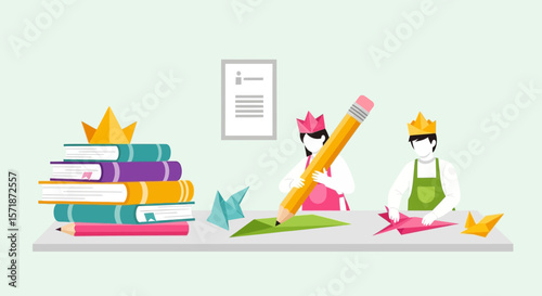 Creative Learning Environment With Students Making Origami In A Classroom