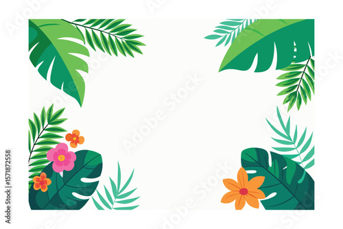 Tropical Leaves And Flowers Framing The Edges Summer