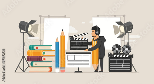 Film School Flat Design Scene Featuring Student, Equipment, and Books