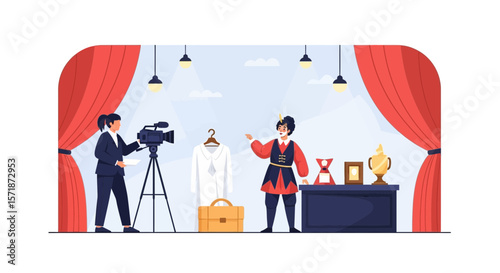 Filming Behind The Scenes Of A Theater Production With Awards Displayed