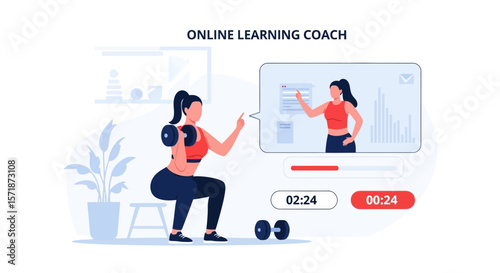 Empowering Fitness Online: Female Coach Guiding Dumbbell Exercises Via Virtual Training
