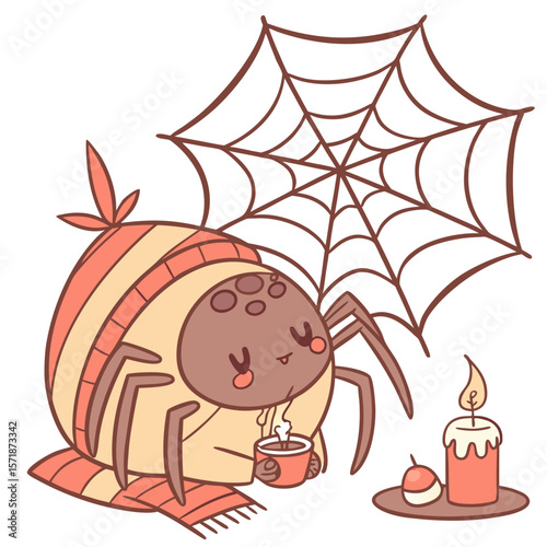 Cute Shy Spider, accessorized with under an umbrella, in a Christmas world – Warm Cozy palette vector