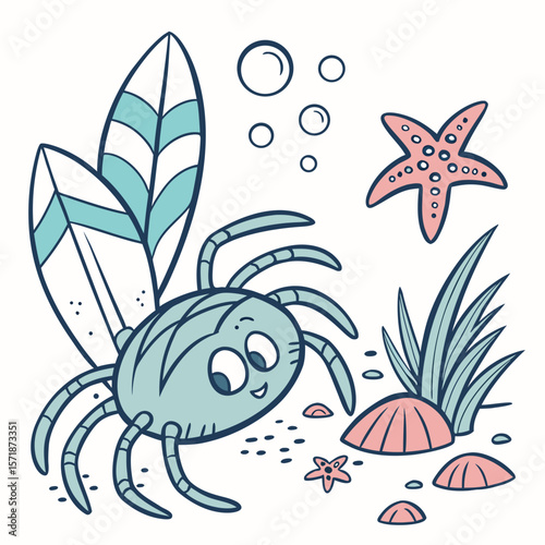 Cute Grumpy Spider, accessorized with splashing in puddles, in a Under the Sea world – Ocean Dreams palette vector