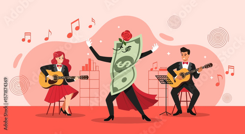 Financial Serenade Dollar Dances While Guitarists Play An Artistic Representation