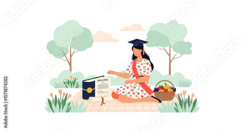 Celebrating Graduation Success Outdoor Young Graduate Relaxes With Diploma And Fruit