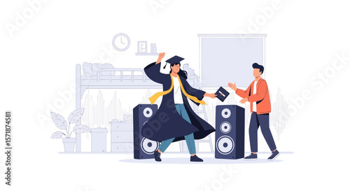 Energetic Graduation Celebration Party With Friends And Music In Dorm Room