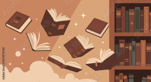 Floating Books And Antique Library With Mystical Flair For Study Concept