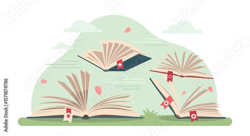 Floating Books Spreading Knowledge And Imagination In A Dreamy Pastel Landscape