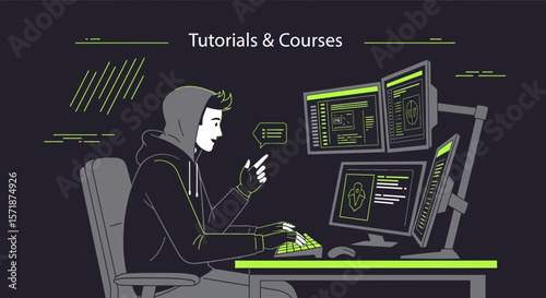 Engaged Programmer Developing Software On Multiple Screens In An Illustrated Design