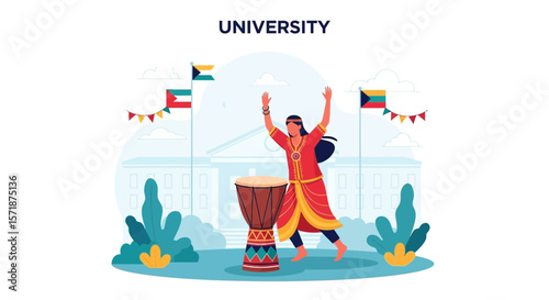 Celebrating Multiculturalism At University With Music And Flags Vector Illustration