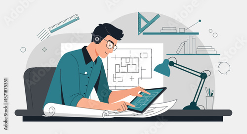 Focused Architect Using Digital Technology For Project Development At Home Office