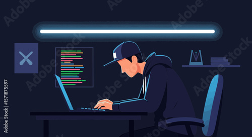 Focused Coder Working On Laptop In Dark Room For Cyber Security Concept