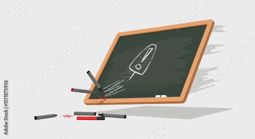 Creative Rocket Launch Idea Drawn on Blackboard with Colorful Chalks