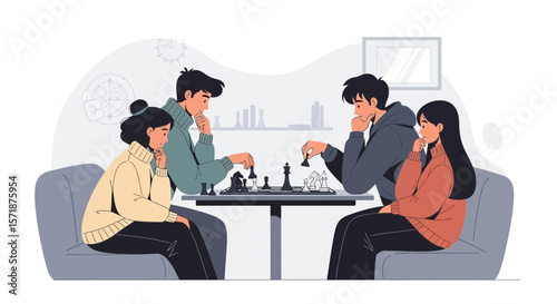 Focused Couple Enjoys Challenging Chess Game In Peaceful Setting At Home