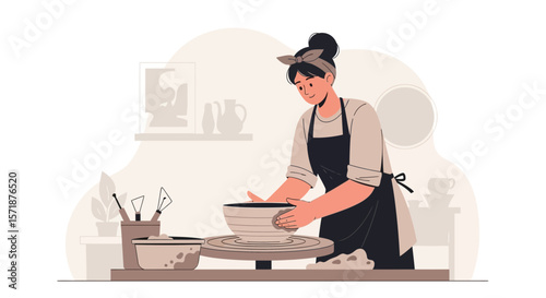 Ceramicist At Work Crafts Clay On A Potter's Wheel In Her Cozy Studio