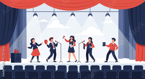 Animated Award Show Presentation On Stage With Presenters Giving Prizes
