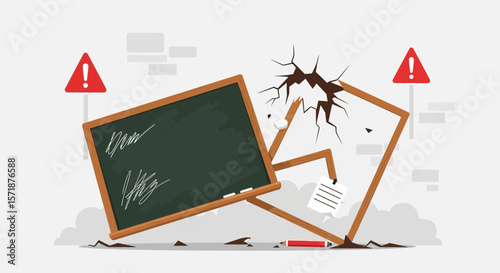 Chaotic Classroom Scene Featuring Fallen Blackboards and Warning Signs Illustration